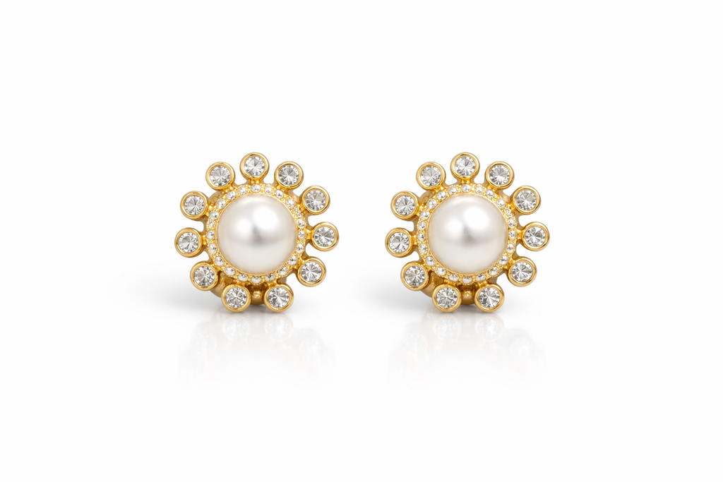 Elegant Gold Pearl Stud Earrings with CZ Halo