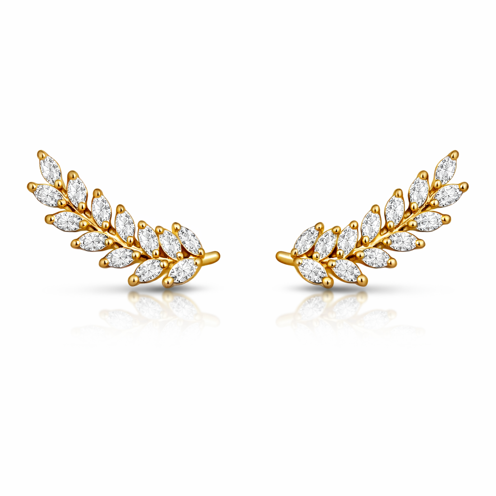 Elegant Leaf CZ Ear Climbers – Gold Finish